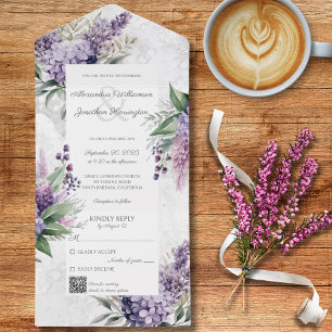 Invitation Tout En Un Lilacs sur blanc marbré avec code QR