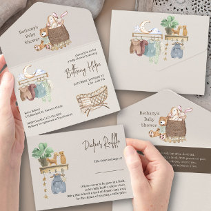 Invitation Tout En Un Livre et couches pour Baby Shower de nurserie Bohè
