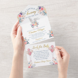Invitation Tout En Un Livres pour bébé Fleurs de Lapin Rose pour Baby Sh
