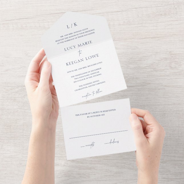 Invitation Tout En Un Lucy Navy Bleu Classique Mariage élégant (Déchirure)