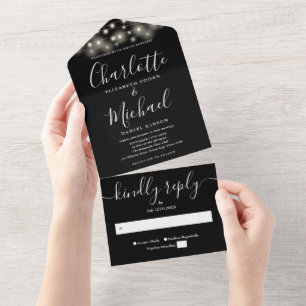 Invitation Tout En Un Lumières à cordes noires et blanches mariage moder