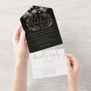 Invitation Tout En Un Lumières à cordes noires et dorées pour mariage av