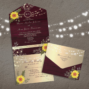 Invitation Tout En Un Lumières de mariage à cordes de tournesol rustique