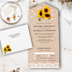 Invitation Tout En Un Lumières de mariage au tournesol en burlap rustiqu