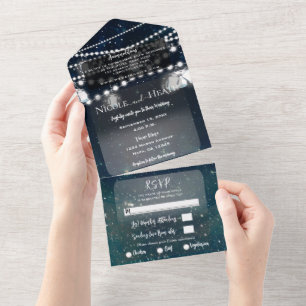 Invitation Tout En Un Lumières de mariage en pots Mason ciel rustique du