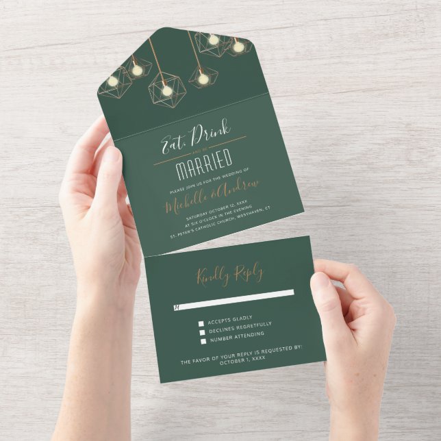 Invitation Tout En Un Lumières géométriques modernes Mariage vert foncé (Déchirure)