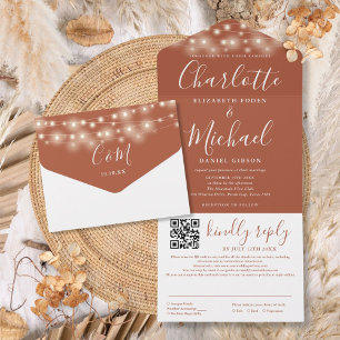 Invitation Tout En Un Lumières Guirlande Terracotta Code QR Mariage Scri