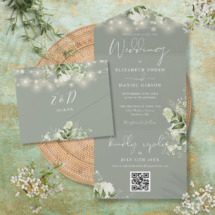 Invitation Tout En Un Lumières guirlandes florales vert sauge Code QR Ma