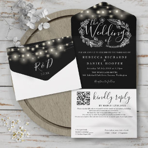 Invitation Tout En Un Lumières Guirlandes Noir et Blanc Code QR Mariage