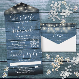 Invitation Tout En Un Lumières Guirlandes Pots Mason Bleu Bois Rustique