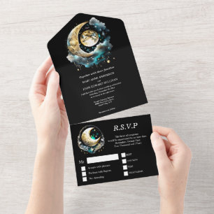 Invitation Tout En Un Lune céleste étoile nuit ciel bleu bleu vert noir