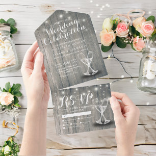 Invitation Tout En Un Lunettes de Champagne Chaîne de bois rustique Mari