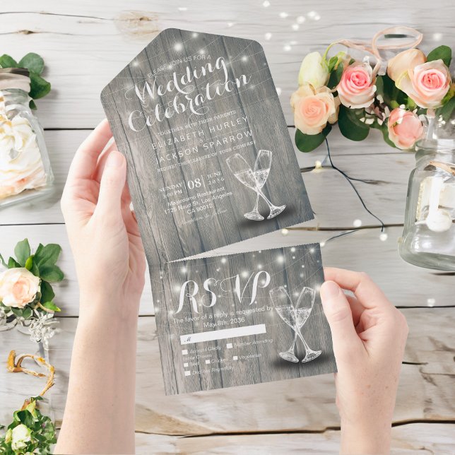 Invitation Tout En Un Lunettes de Champagne Chaîne de bois rustique Mari (Créateur téléchargé)