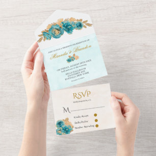 Invitation Tout En Un Luxe Turquoise et crémeux Rose Mariage or