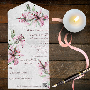 Invitation Tout En Un Lys roses sur blanc détendu avec code QR