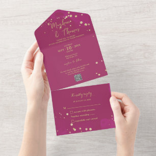 Invitation Tout En Un Magenta et Mariage or avec QR Code RSVP
