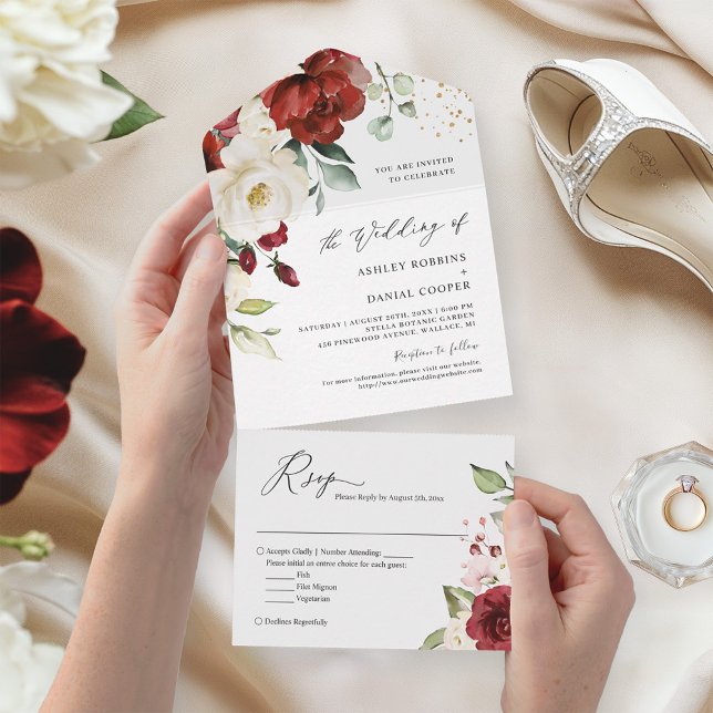 Invitation Tout En Un Magnifique Rouge Blanc Floral Simple Mariage éléga (Créateur téléchargé)