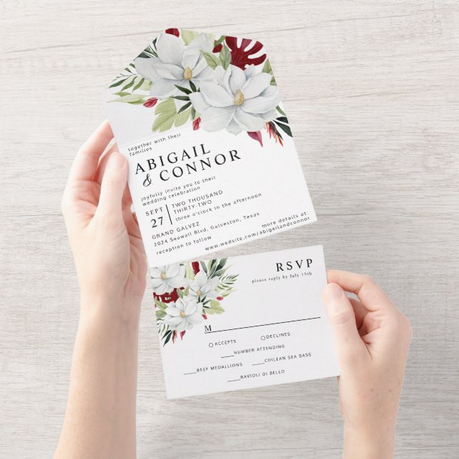 Invitation Tout En Un Magnolia blanc vert rouge tropical (Déchirure)