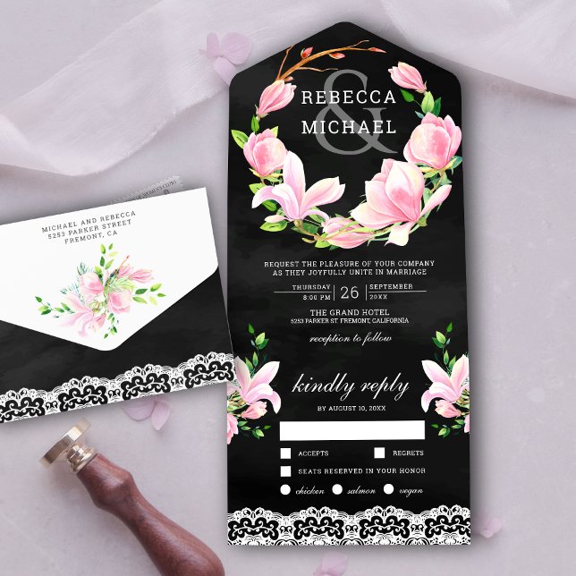 Invitation Tout En Un Magnolia rose Mariage noir en couronne de fleurs (Créateur téléchargé)