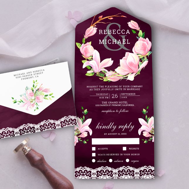 Invitation Tout En Un Magnolia rose Plum Plum Plum violet Mariage (Créateur téléchargé)
