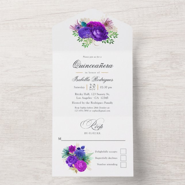 Invitation Tout En Un Mardi Gras Aquarelle Florale Quinceañera (À l'intérieur)