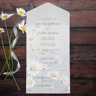 Invitation Tout En Un Marguerite sauvage simple sur bleu gris pâle
