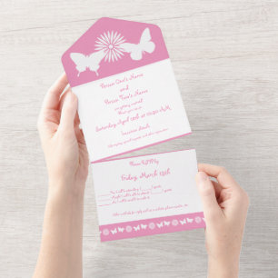 Invitation Tout En Un Marguerites et papillons en rose pétale