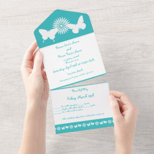 Invitation Tout En Un Marguerites et papillons en Turquoise