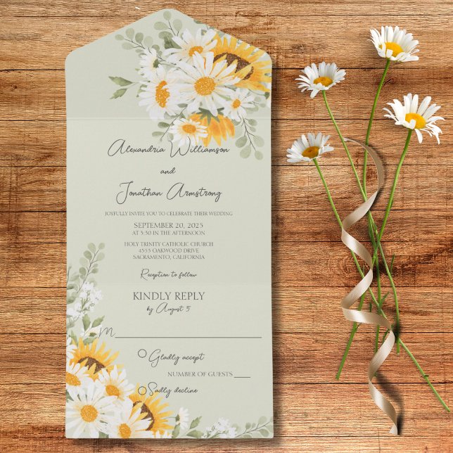 Invitation Tout En Un Marguerites et tournesols en vert (Also available with QR code)