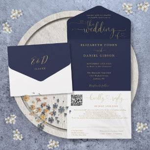 Invitation Tout En Un Mariage à code QR en écriture cursive bleu marine 