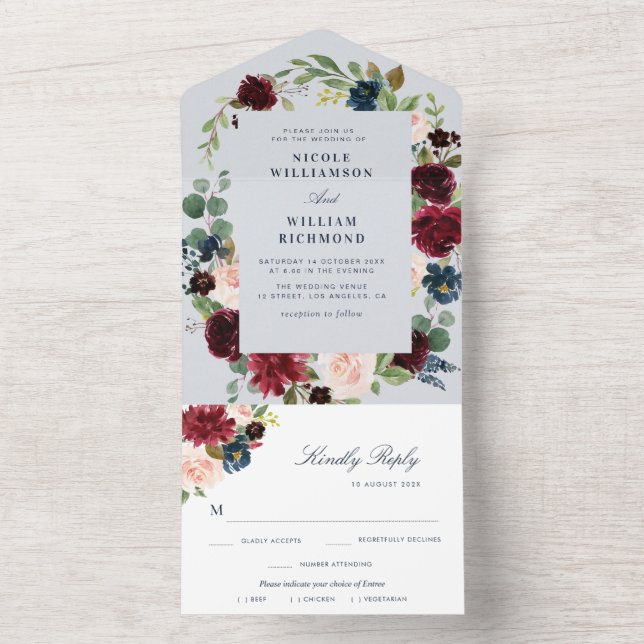 Invitation Tout En Un mariage à fleurs bordeaux bleu poussiéreux (À l'intérieur)