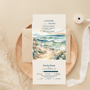 Invitation Tout En Un Mariage à la plage océane d'été à l'aquarelle