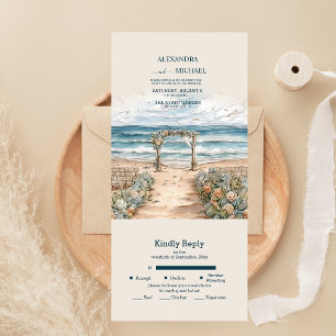Invitation Tout En Un Mariage à la plage océane d'été à l'aquarelle