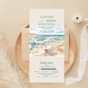 Invitation Tout En Un Mariage à la plage océanique d'été à l'aquarelle