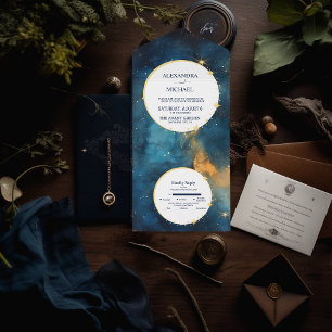 Invitation Tout En Un Mariage à l'aquarelle Bleu et Or de Minuit Mystiqu