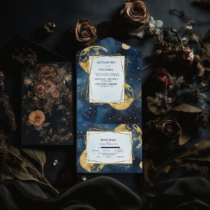Invitation Tout En Un Mariage à l'aquarelle Bleu et Or de Minuit Mystiqu