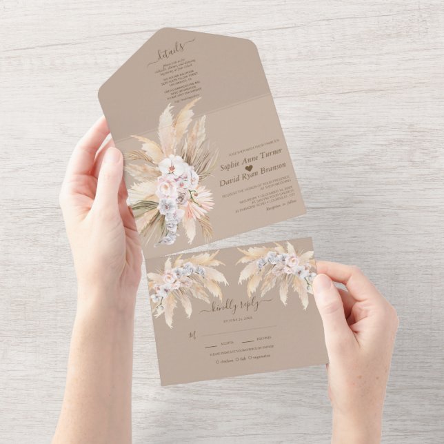 Invitation Tout En Un Mariage à l'aquarelle Herbe des Pampas Orchidées R (Déchirure)