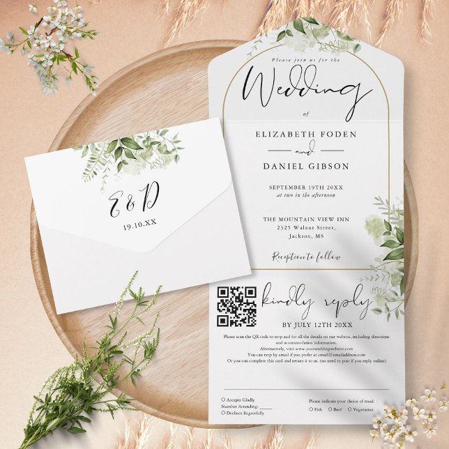 Invitation Tout En Un Mariage à l'Arche Dorée Moderne avec Code QR et Ve (Modern Gold Arch QR Code Greenery Wedding All In One Invitation)