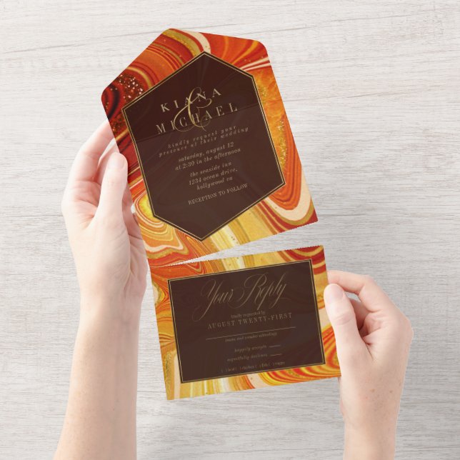 Invitation Tout En Un Mariage Agate Abstrait Hot Orange ID827 (Déchirure)