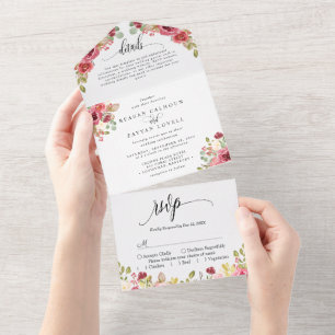 Invitation Tout En Un Mariage aquarelle florale Merlot rouge