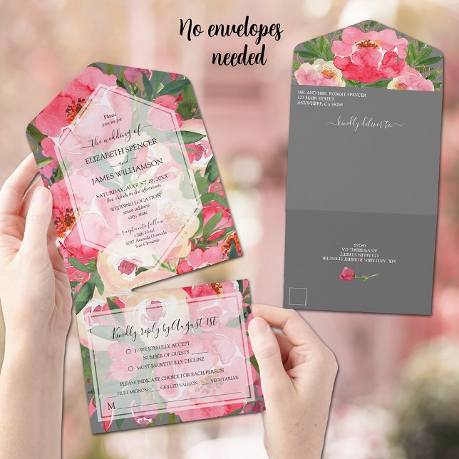 Invitation Tout En Un Mariage Aquarelle Pink Peonies (Créateur téléchargé)