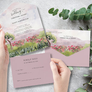 Invitation Tout En Un Mariage aquarelle poussiéreuse rose campagne