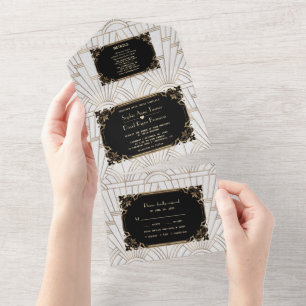 Invitation Tout En Un Mariage Art Déco Gatsby le Magnifique Or Noir Blan