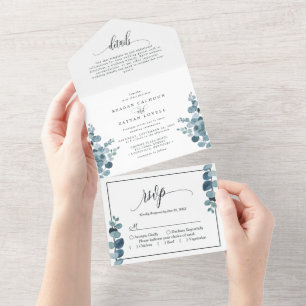 Invitation Tout En Un Mariage au vert Eucalyptus Bleu Poussiéreux