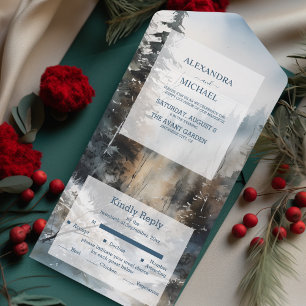 Invitation Tout En Un Mariage aux Arbres de Pin Aquarelle Rustique