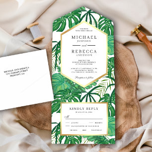 Invitation Tout En Un Mariage aux feuilles de palmier tropicales vertes 