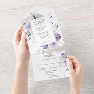 Invitation Tout En Un Mariage aux Pivoines Violettes Lilas et Feuillage
