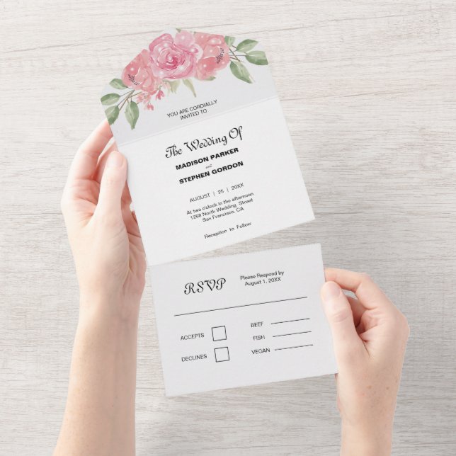 Invitation Tout En Un Mariage aux Roses Rouges Clair (Déchirure)