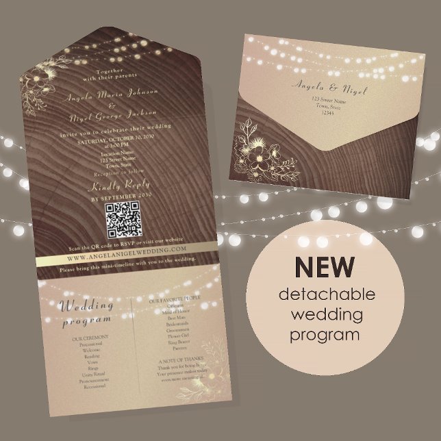 Invitation Tout En Un Mariage avec des lumières en bois rustique écologi (Créateur téléchargé)