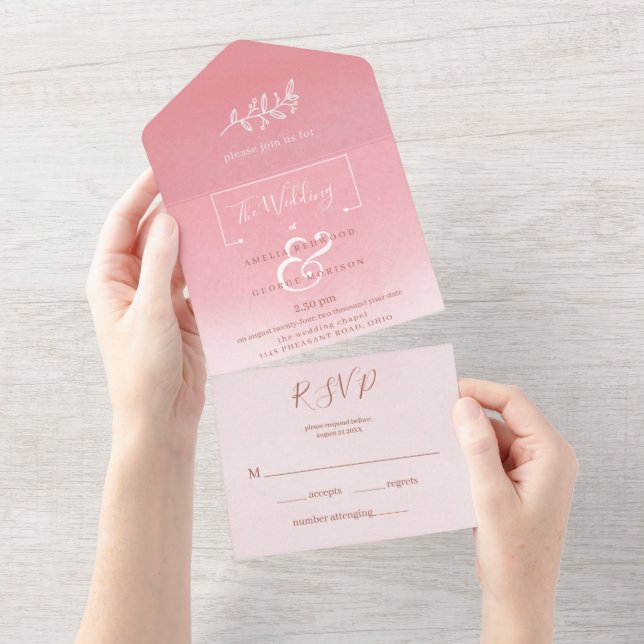 Invitation Tout En Un Mariage avec fond dégradé rose élégant (Déchirure)